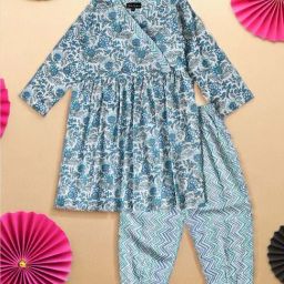 Bella Moda Kids Blue Cotton Printed Kurti & Pyjamas-image-62