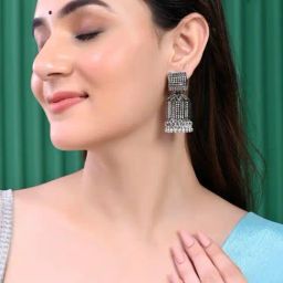 VOJ Black-Toned AD Studded Square Dome Shaped Jhumka Earrings for Women-17