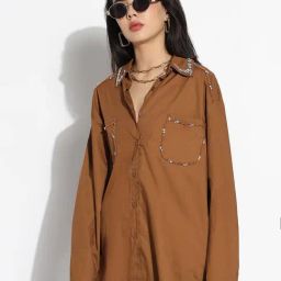 Showoff Brown Cotton Relaxed Fit Embellished Shirt-image-47