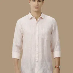 Linen Club Pink Linen Contemporary Fit Striped Shirt-image-57