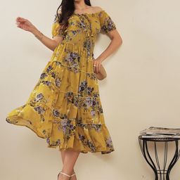 RARE Women Floral Print Off-Shoulder Puff Sleeve Fit & Flare Maxi Dress-picture-12
