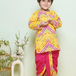 AJ Dezines Kids Pink & Yellow Printed Full Sleeves Kurta with Dhoti-image-6
