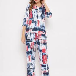 Clovia White & Blue Cotton Printed Top Pyjamas Set-image-41