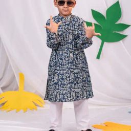 VASTRAMAY Boys Navy & White Cotton Printed Full Sleeves Kurta Sets-image-91