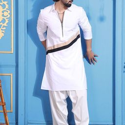 MIDAV Men Thread Work White Romance Pathani Kurta-picture-19