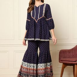 DEEBACO Printed Peplum Top With Sharara Co-Ords-image-15