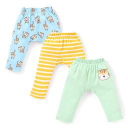 Babyhug Cotton Knit Full Length Striped Diaper Leggings Cubs Print Pack of 3 - Yellow Green & Blue-image-91