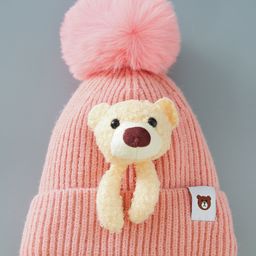 Babyhug Woollen Cap With Bear Design - Pink-picture-4