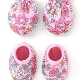 Babyhug 100% Cotton Knit Mittens & Booties Set Floral Print - Pink-image-29