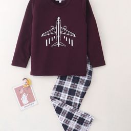 Nite Flite Full Sleeves Airplane Printed Tee With Plaid Window Pane Checked Pajama - Wine Purple-image-88