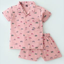 Evimo Single Jersey Knit Half Sleeves Night Suit with Vehicle Print - Peach-image-57
