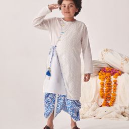 Pspeaches Full Sleeves Floral Printed & Paisley Thread Work Embroidered Kurta With Dhoti - White-image-1