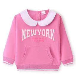 Babyhug Cotton Knit Full Sleeves Peter Pan Collar Sweatshirt with Text Print & Kangaroo Pockets - Pink-image-76
