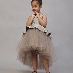 Toy Balloon Kids Net Sleeveless Beads Embellished High Low Dress - Mauve Beige-image-78