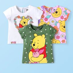 Babyhug Disney Single Jersey Knit Half Sleeves T-Shirts with Winnie the Pooh Graphics Pack of 3 - White Pink & Green-image-98