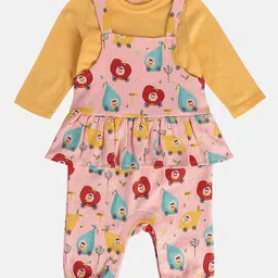 MINI KLUB Cotton Fruits Printed Dungaree With Full Sleeves Top - Pink & Yellow-picture-7
