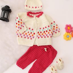Woonie Full Sleeves Polka Dots Designed Crotcheted Sweater Set - Cream-picture-7