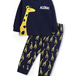 BUMZEE Cotton Knit Full Sleeves Giraffe Printed Night Suit - Navy Blue-picture-39