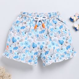 Biskid Cotton Floral Printed Shorts - White & Blue-image-45