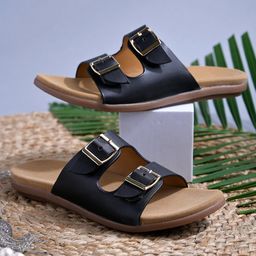 Shoetopia Colour Blocked Double Buckle Closure Flip Flops - Black-image-99