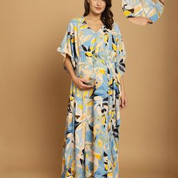 Secret Wish Rayon Woven Half Batwing Sleeves Leaves Printed Maternity Kaftan Nighty With Side Seam Nursing Access - Sky Blue-image-86