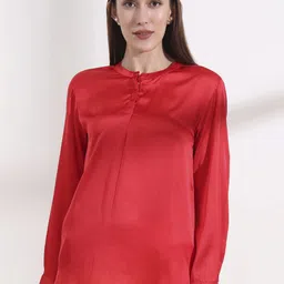 AMSWAN Women Mandarin Collar Cuffed Sleeves A-Line Top-image-91