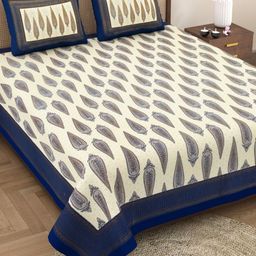 The Craft Monk Beige & Blue Ethnic Motifs King Bedsheet with 2 Pillow Covers-image-22