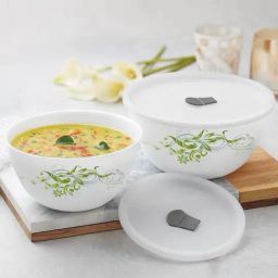 Larah by Borosil Green Opalware Mixing & Serving Bowl with Lid - Set of 2-10