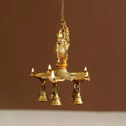 eCraftIndia Peacock Diya With Bell Metal Handcrafted Wall Hanging with Chain-image-1