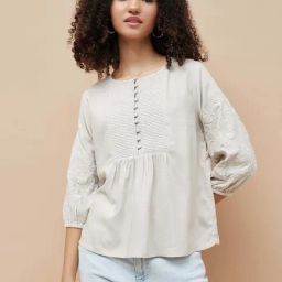 Fame Forever By Lifestyle Beige Regular Fit Embroidered Top-image-40