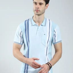 Monte Carlo Blue Regular Fit Striped Polo T-Shirt-image-52