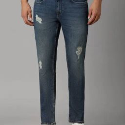 Louis Philippe Navy Cotton Slim Fit Distressed Jeans-picture-29