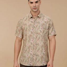 Linen Club Green Linen Blend Slim fit Print casual shirts-image-91