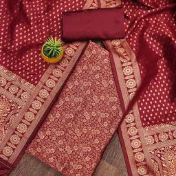 SHADOW & SAINING Floral Woven Design Zari Work Jacquard Silk Unstitched Dress Material-image-24
