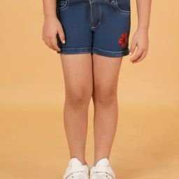 Creative Kid's Girls Navy Blue Denim Floral Shorts-image-91