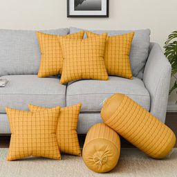 Kuber Industries Mustard 7 Pieces Square Cushion & Bolster Cover-image-45