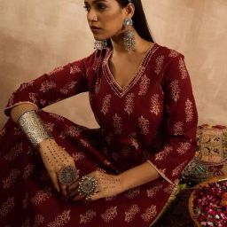 Indo Era Maroon Cotton Regular Fit Printed Kurta-image-14