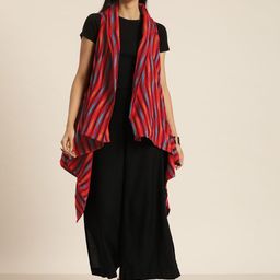 Taavi Ikat Woven Striped Open Front High-Low Longline Outer-Wear Shrug image 3