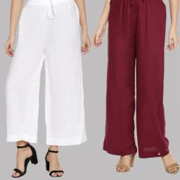 TWIN BIRDS White & Maroon Mid Rise Palazzos - Pack Of 2-image-97