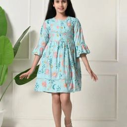 Bella Moda Girls Light Blue Cotton Three Fourth Bell Sleeves Floral Printed Dress-image-71