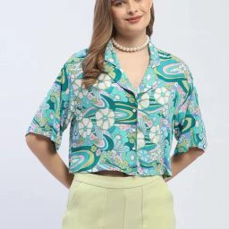 MADAME Sea Green Floral Print Crop Shirt-image-30