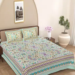 FrionKandy Living Turquoise Blue Floral 180 TC King Bedsheet with 2 Pillow Covers-picture-34
