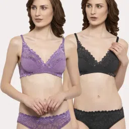 AROUSY Black & Purple Self Pattern Bra Panty Set - Pack Of 2-image-69