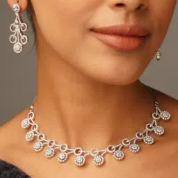 Abdesigns Silver American Diamond Cubic Zirconia Necklace & Earring Set-image-77