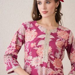 Indo Era Mauve Cotton Regular Fit Printed Kurta-picture-9