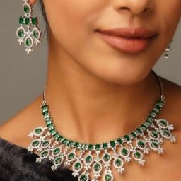 Abdesigns Silver American Diamond Cubic Zirconia Necklace & Earring Set-image-99