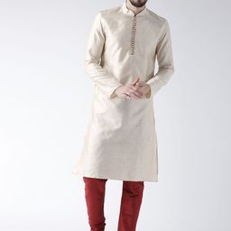 DEYANN Men Cream-Coloured & Maroon Self Design Kurta with Churidar-picture-4