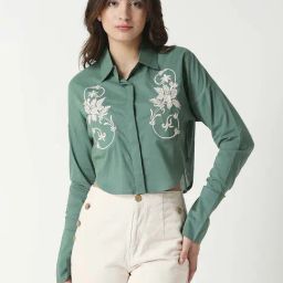 Remanika Green Cotton Embroidered Shirt-image-76