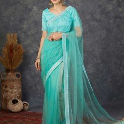 Satrani Pale Turquoise Embellished Saree With Unstitched Blouse-image-19
