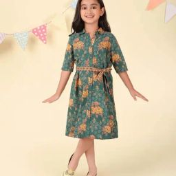 Fabindia Girls Green Cotton Floral Dress-image-4